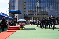 The parade marched past the review stand.